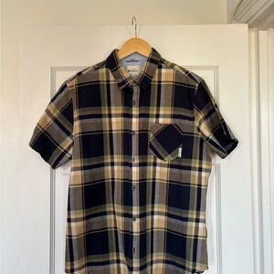 Ben Sherman Navy and Yellow Short Sleeve Button Up Plaid Shirt